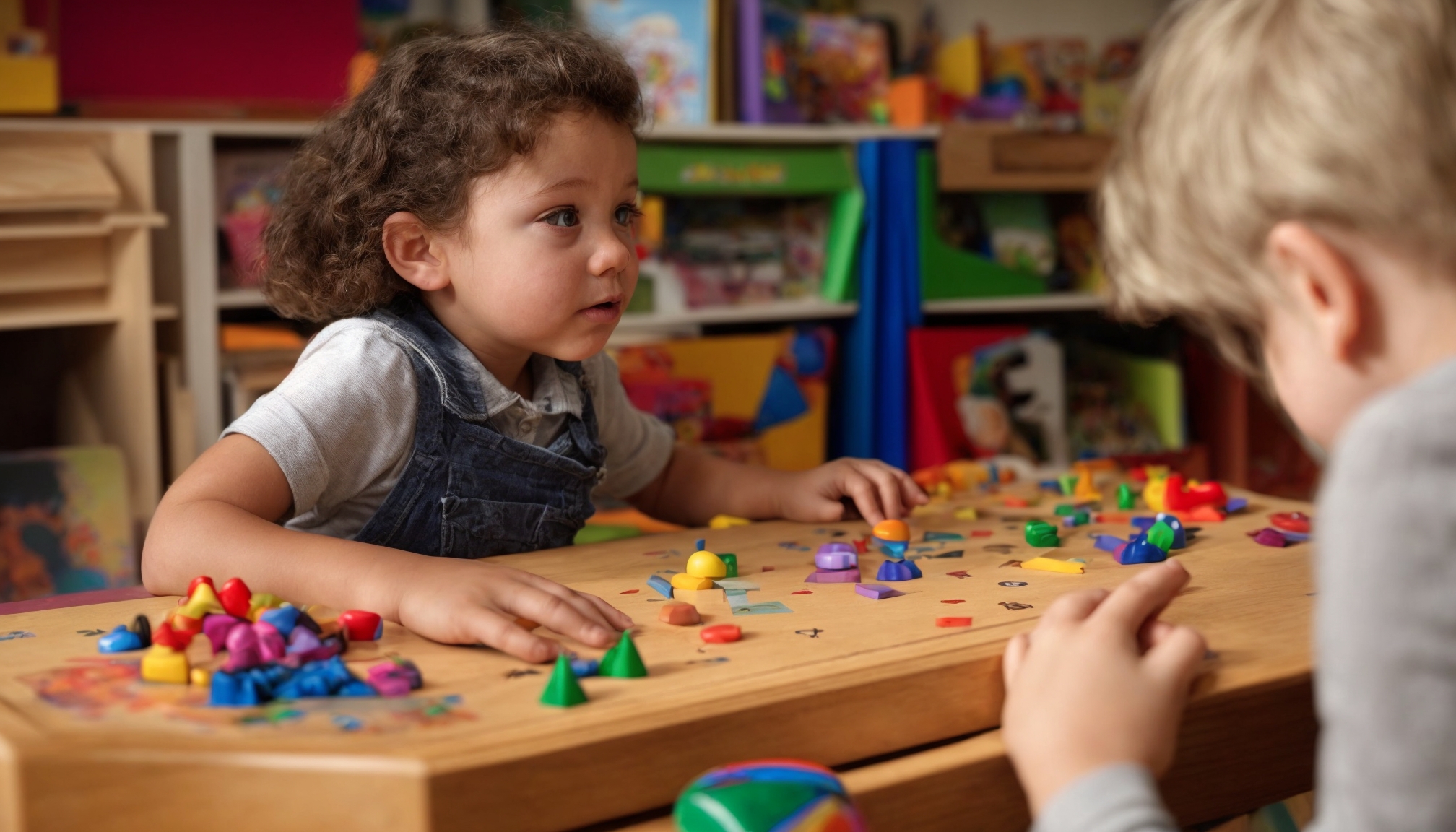 Child engaging with educational game pieces behind a large desk