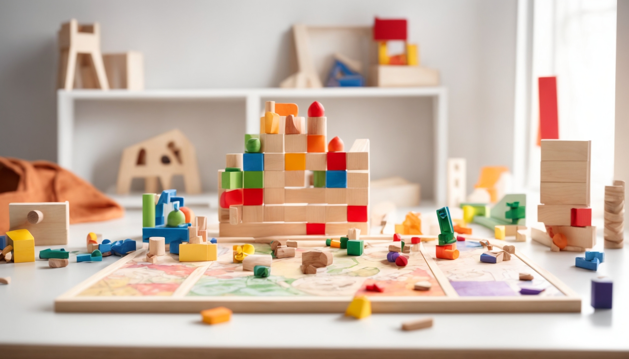 Colorful interactive educational toys and board games arranged on a playroom table to build soft skills in children
