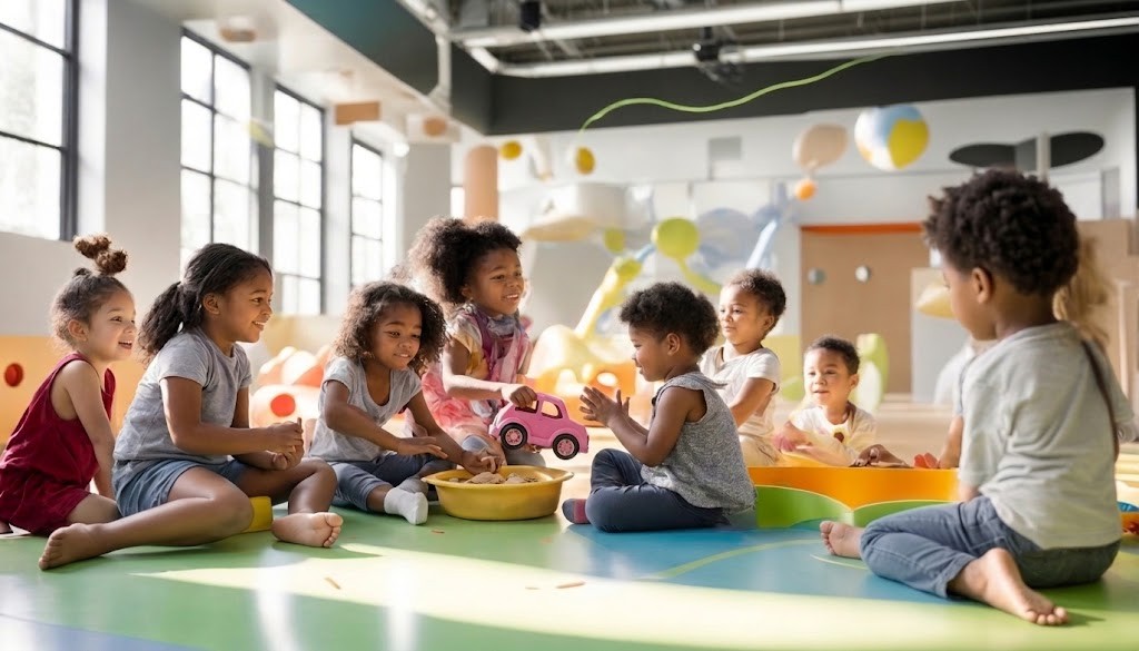 Children developing soft skills through interactive educational games at indoor play space