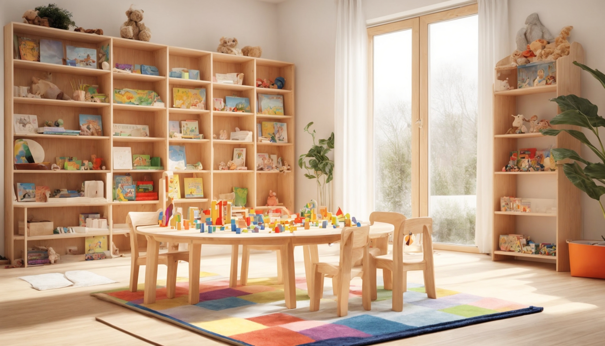 Bright indoor play space with educational board games and wooden toys organized in developmental zones