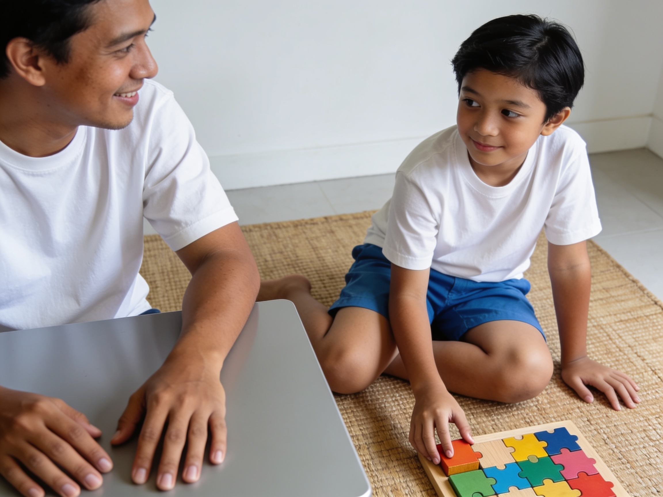 Indonesian child using toys for soft skills development with puzzle blocks