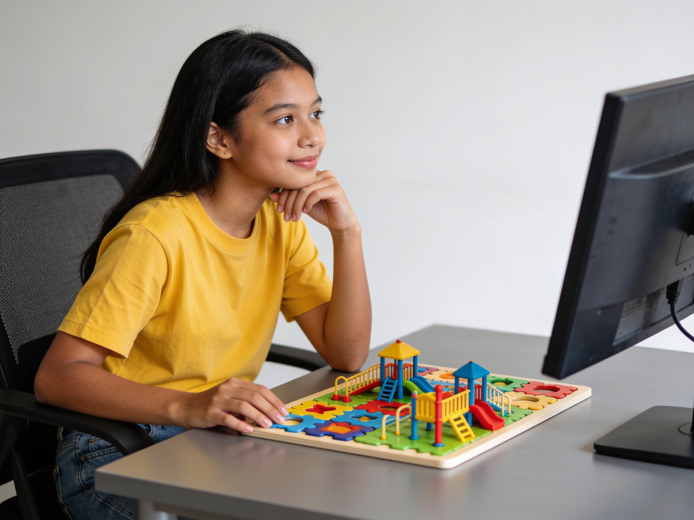 Indonesian girl solving playground puzzle for building kids soft skills